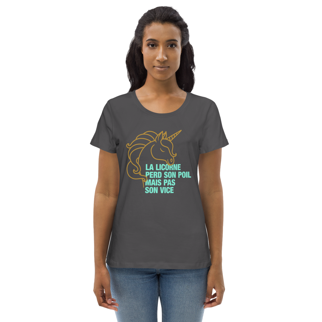 T-shirt moulant écologique femme - la licorne perd son poil mais pas son vice-YOFE YOGA