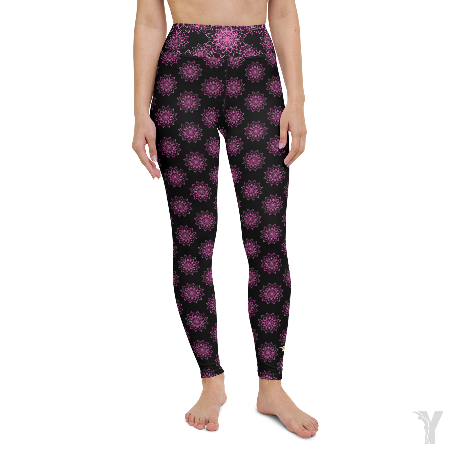 Yoga leggings - black mini pink mandala